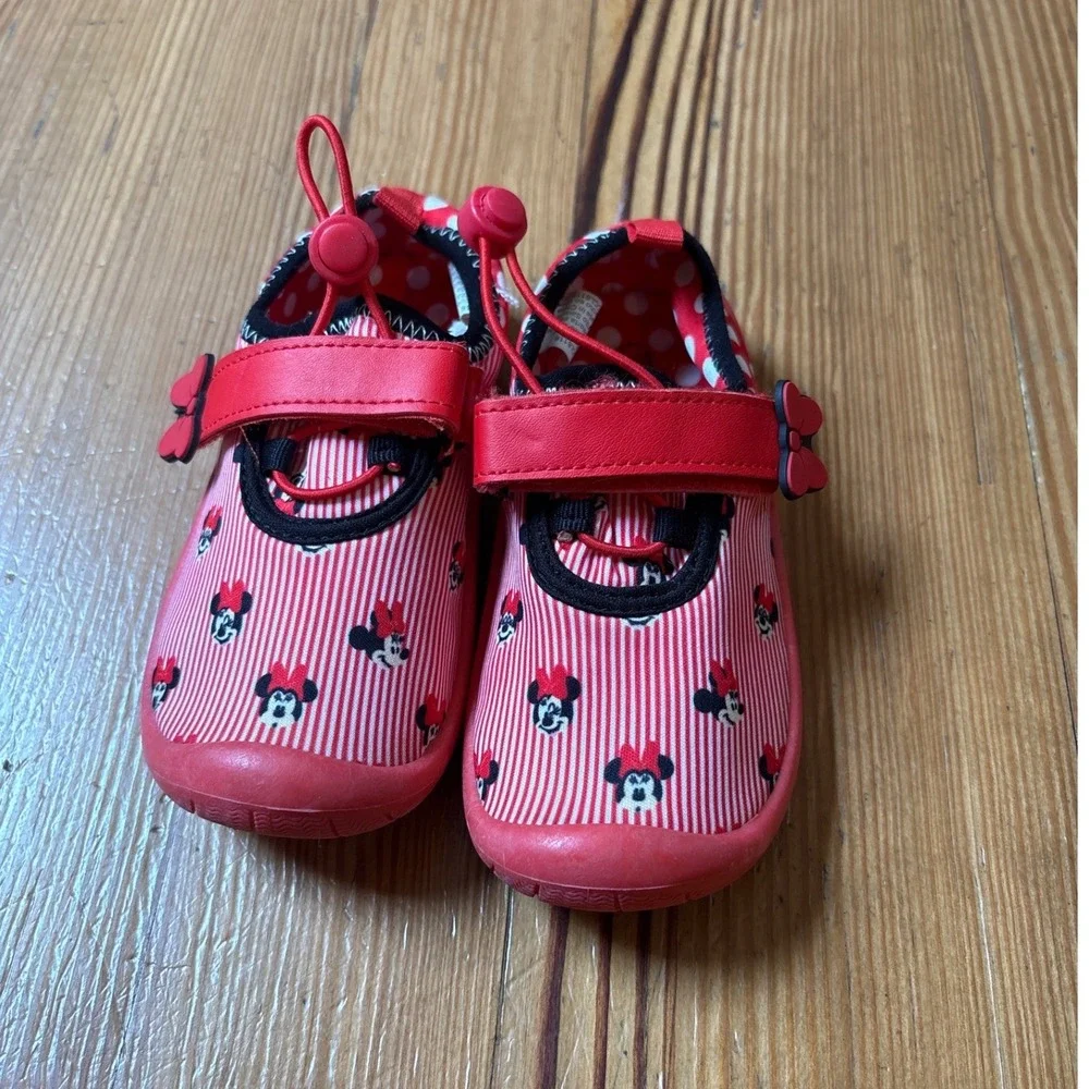 Disney Minnie Mouse Water Shoes Kids Red Polka Dot Striped Bow SIZE 9/10